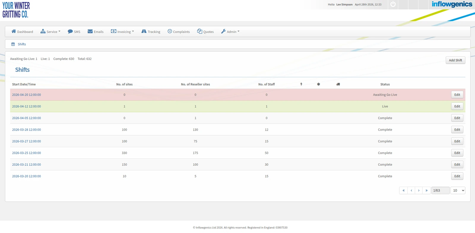 Shifts register screen for Your Winter Gritting Co.