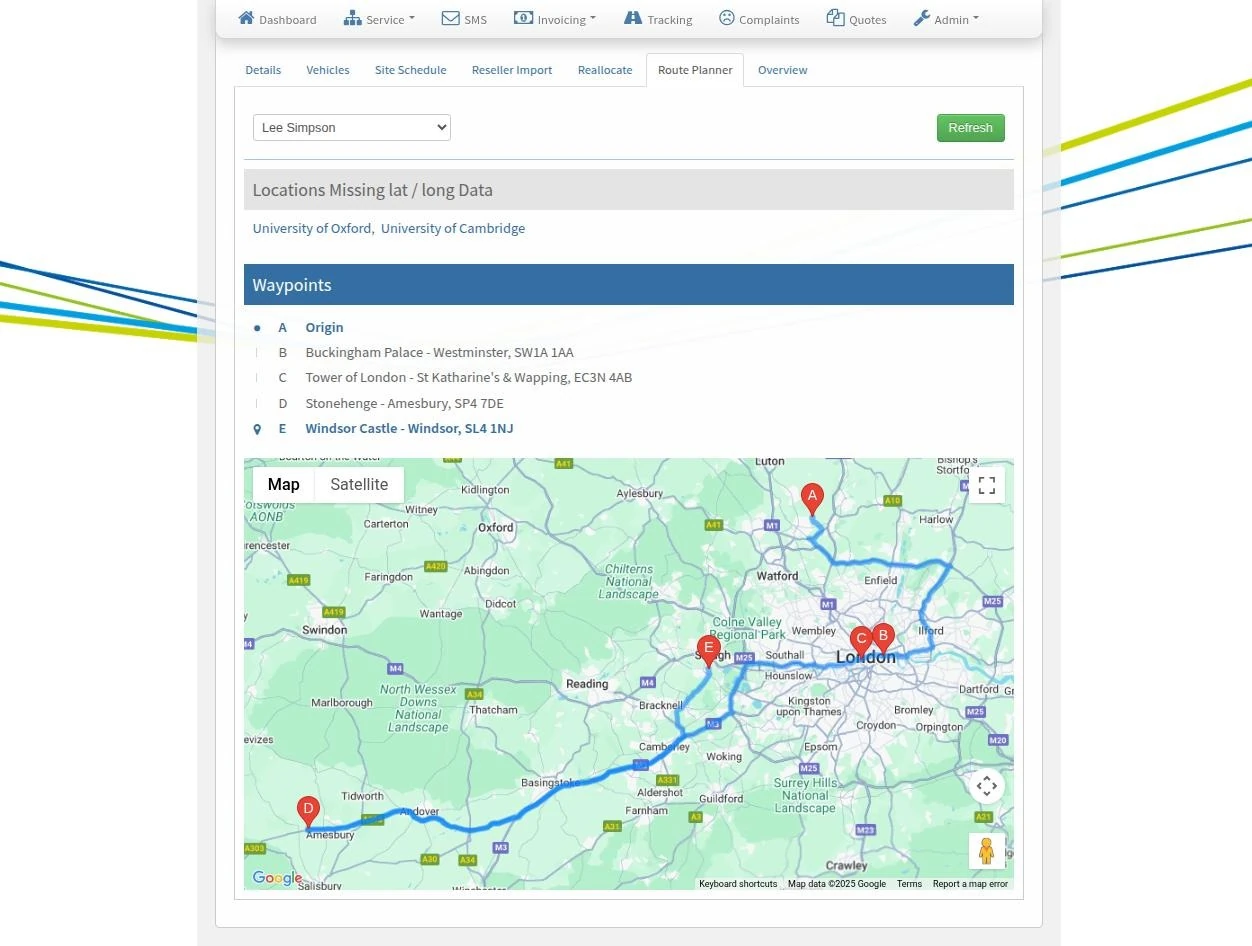 Route Planner showing waypoints A to E from Watford to Welwyn with map
