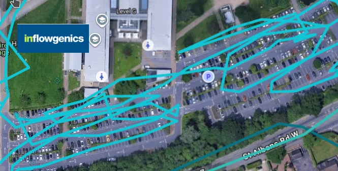 Aisle-level spreader trace at a retail park