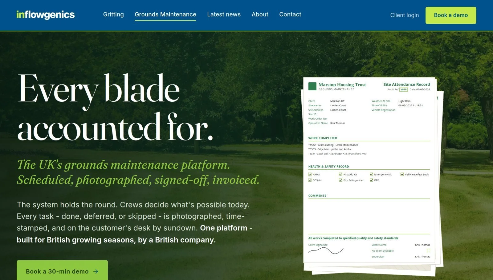 Inflowgenics grounds maintenance management software showing a site attendance record with work completed and health and safety checks.
