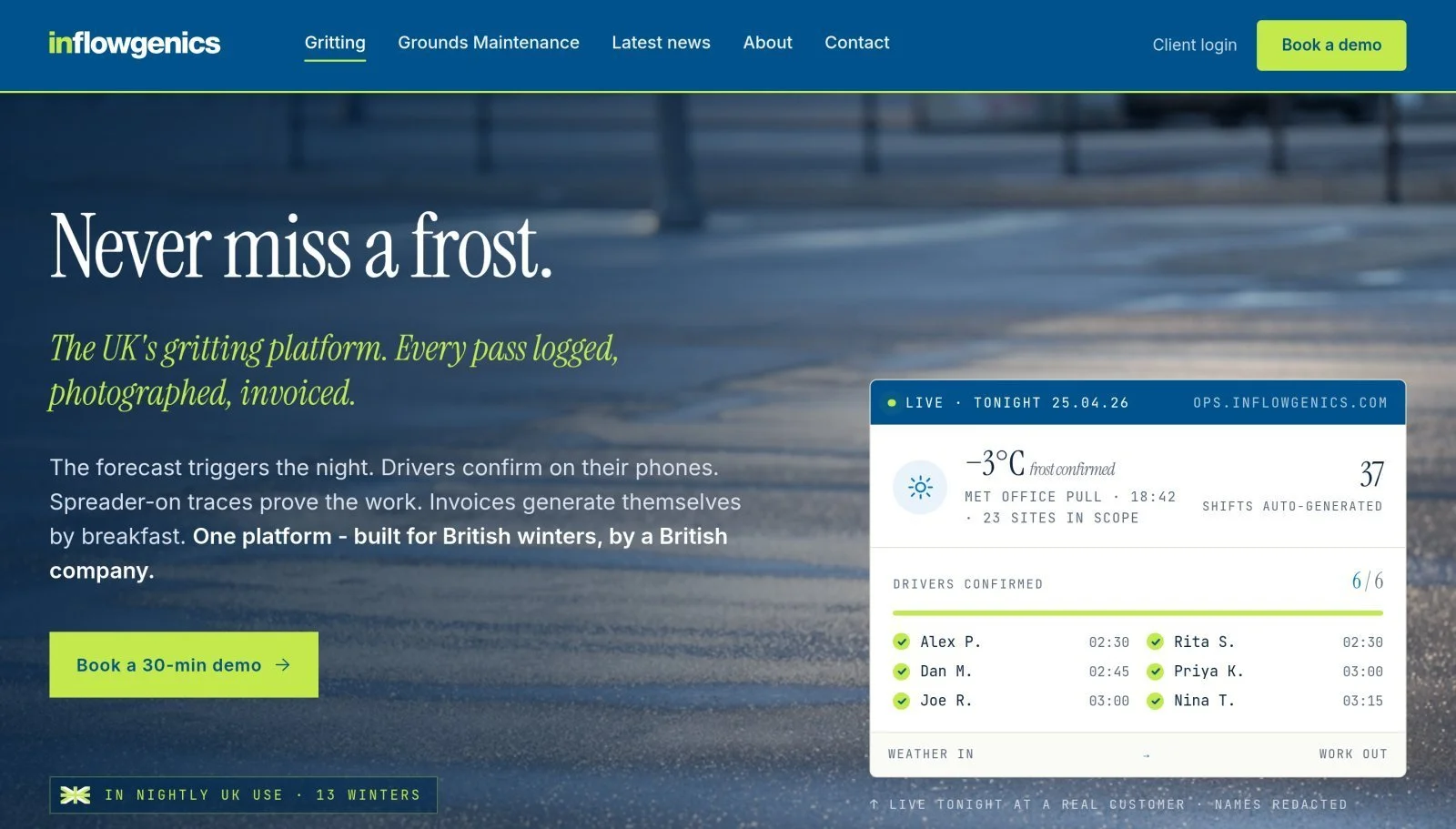 Inflowgenics winter gritting management software showing a live frost forecast, auto-generated shifts and confirmed drivers.